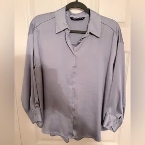 Zara Grey Light Blue Medium Satin Dress Button Up Button Down